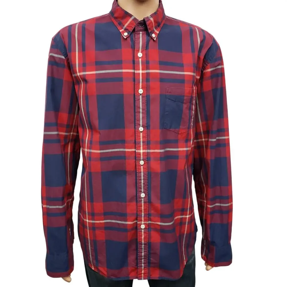 J. CREW Tartan Plaid Shirt Men XL Red Navy Multicolor Long Sleeve Button Down